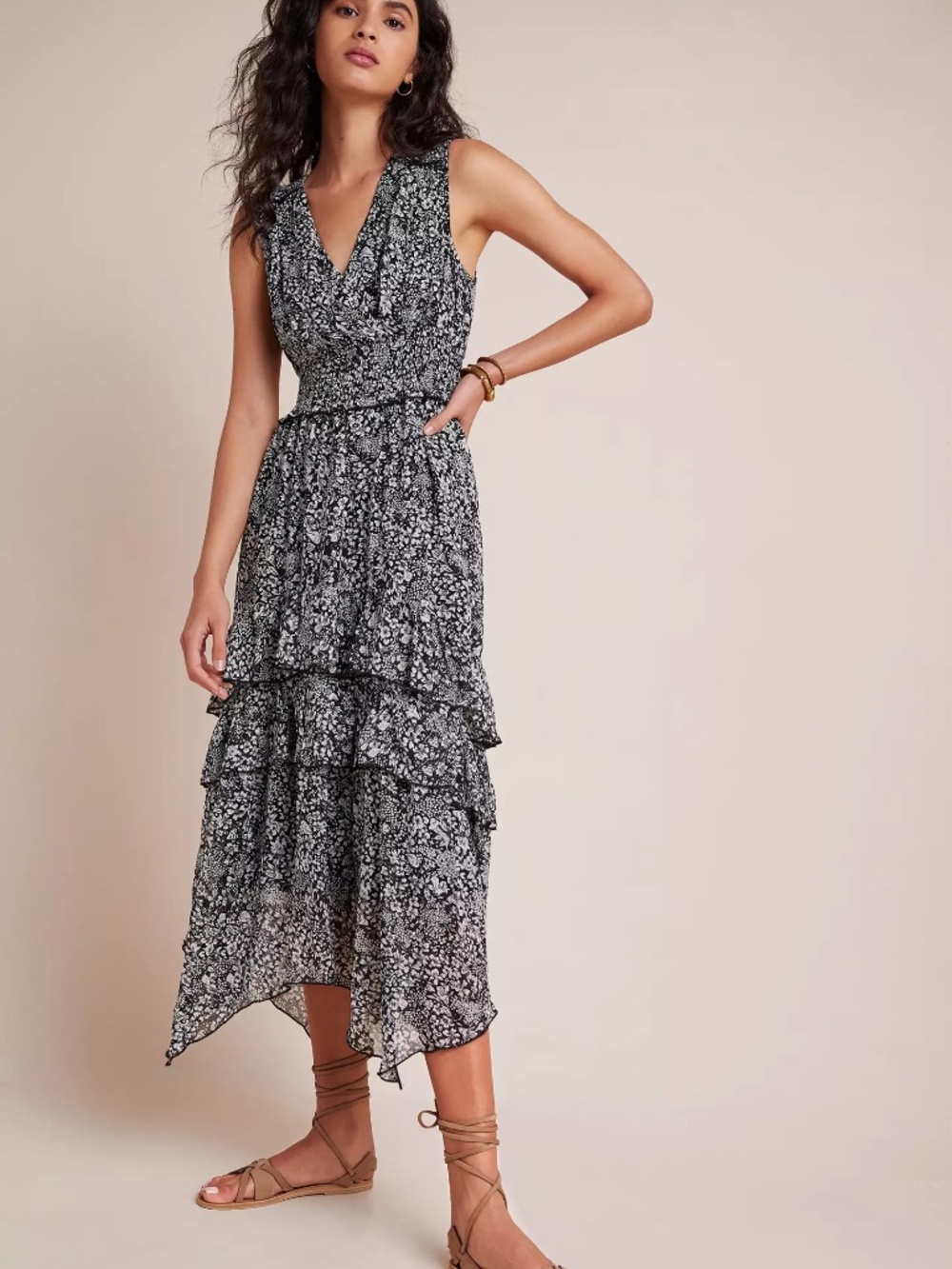Anthropologie Marcella Tiered Midi Dress Size M Floral V-Neck Handkerchief Hem